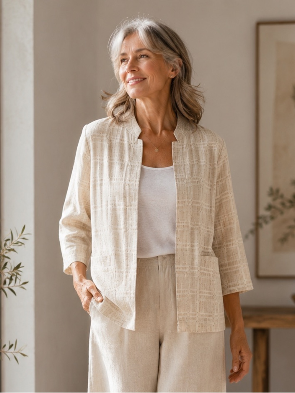 Eileen Fisher Cream Organic Cotton Linen Division Women’s Jaquard Jacket Sz S